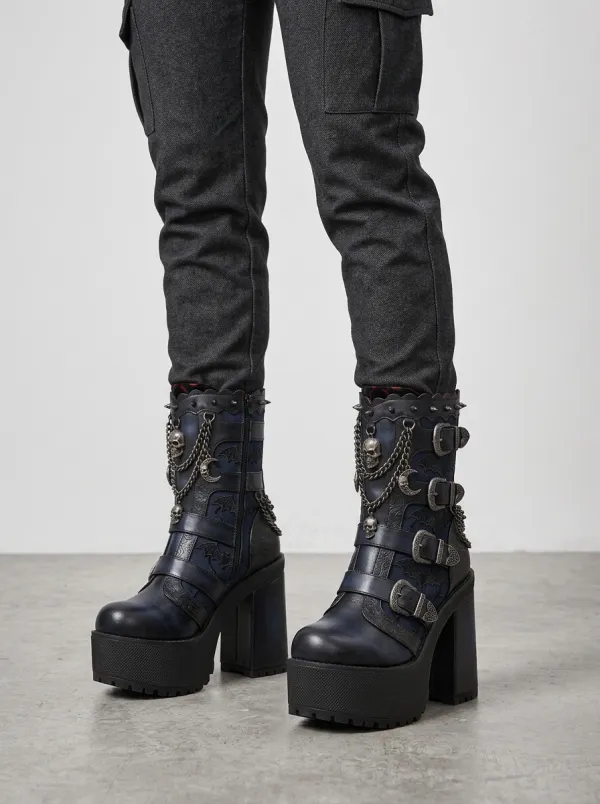 Dark Skull Bat Moon Statement Women's Gothic Platform Boots