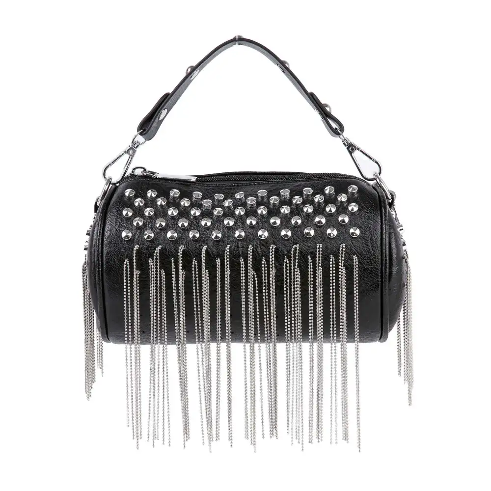 Relaxed Detail Studded Fringed Top Handle Faux Leather Evening Clutch Bag