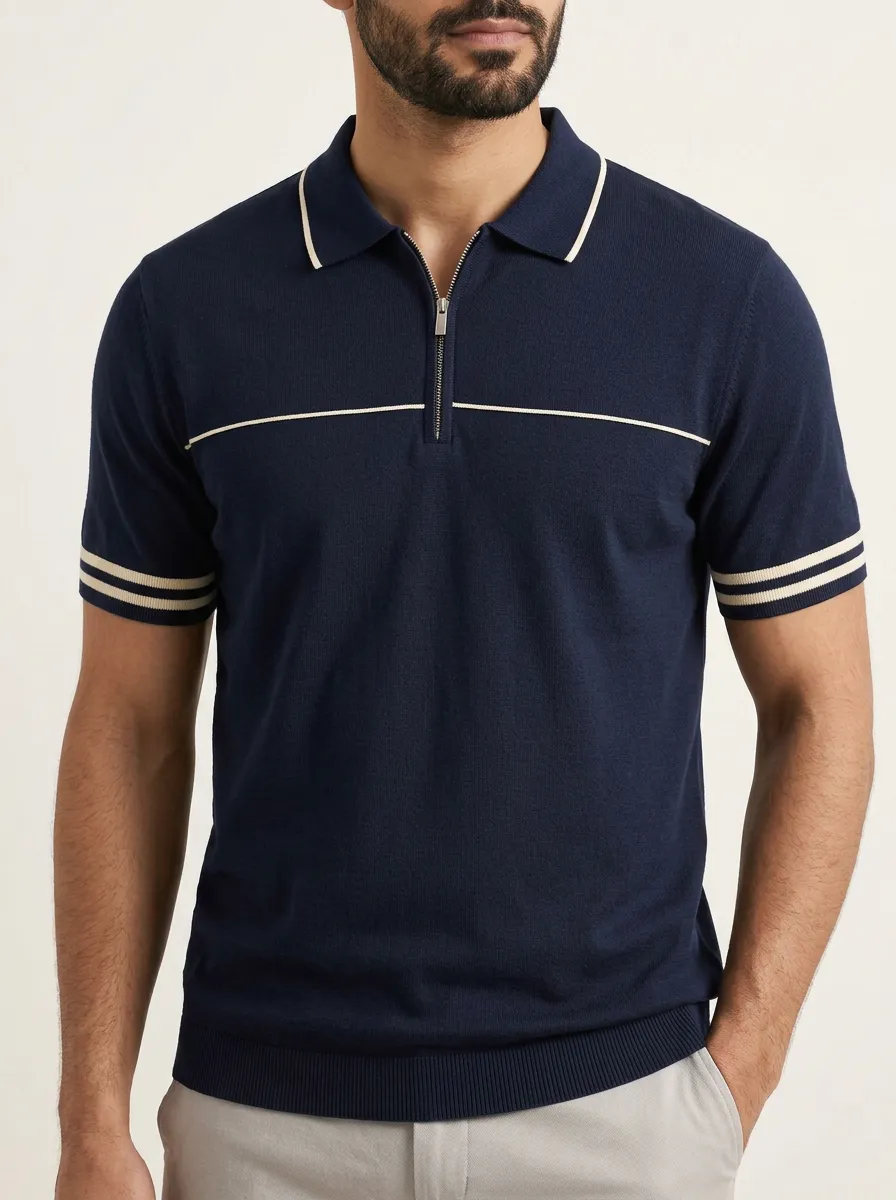 Men's Navy Contrast Striped Zip-Up Knit Polo Shirt