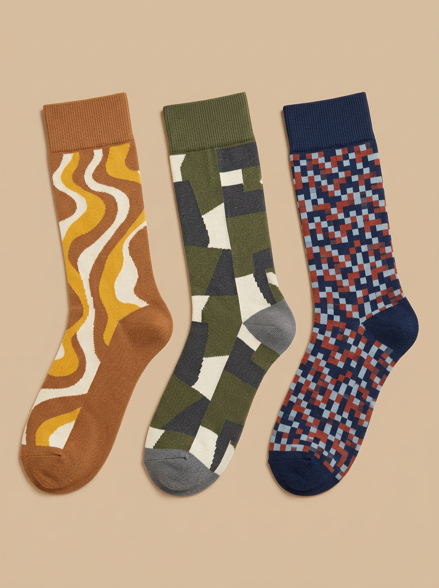Men's Retro Geometric Wavy Checkered Three-Pack Socks