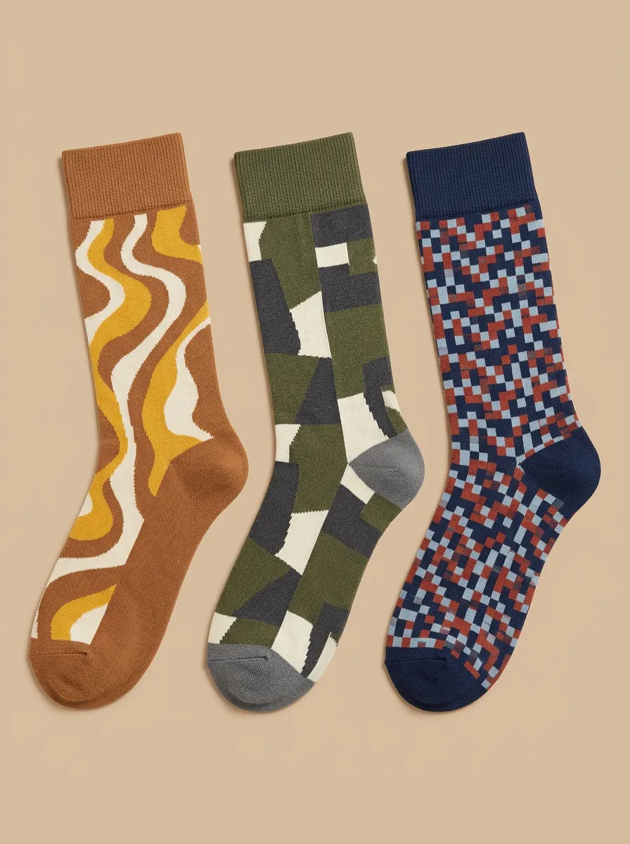 Men's Retro Geometric Wavy Checkered Three-Pack Socks