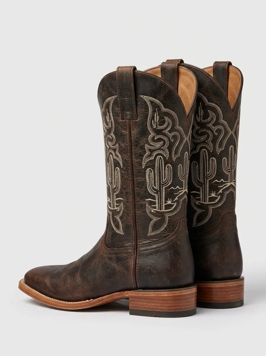 Unisex Western Cowboy Cactus Embroidered Leather Boots