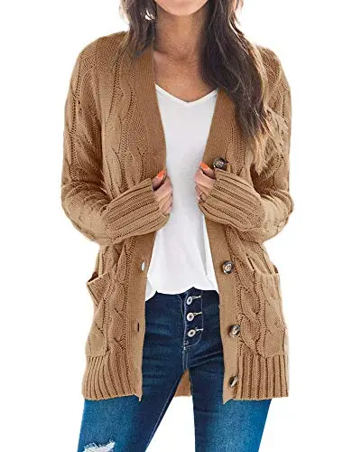 Women's Cable Knit Cardigan Long Sleeve Open Front Button Down Knitwear Sweater Coat