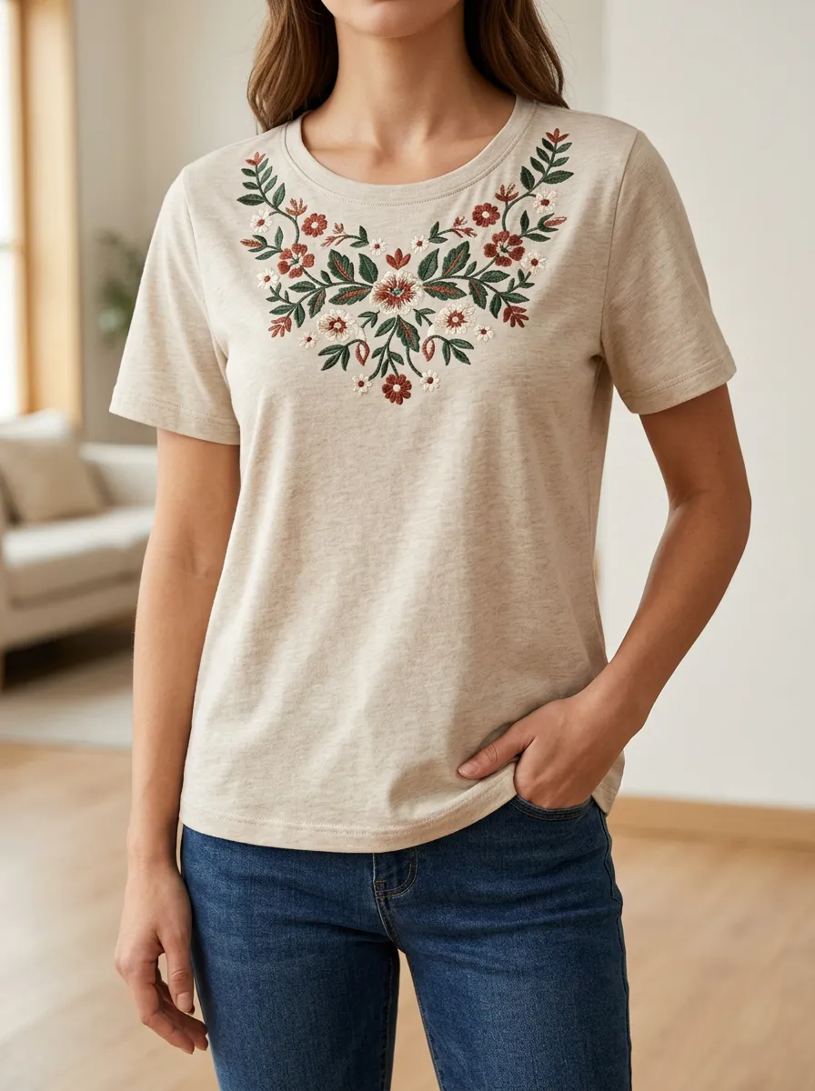 Modern Casual Floral Print Embroidered Detail Women's Short Sleeve T Shirt