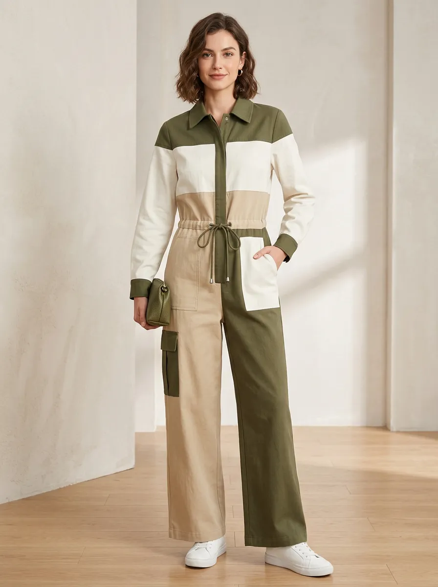 Women's Casual Style Colorblock Khaki Green Patchwork Jumpsuit