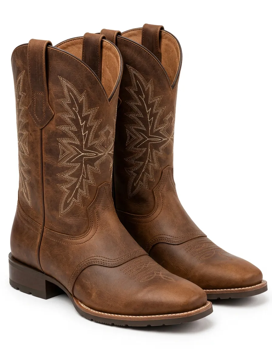Men's Leather Cowboy Boots with Brown Decorative Embroidery