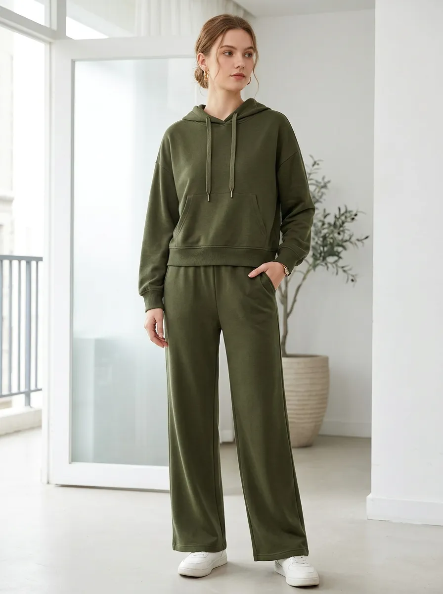 Women's Olive Green Solid Color Casual Hoodie Sweatpants Set