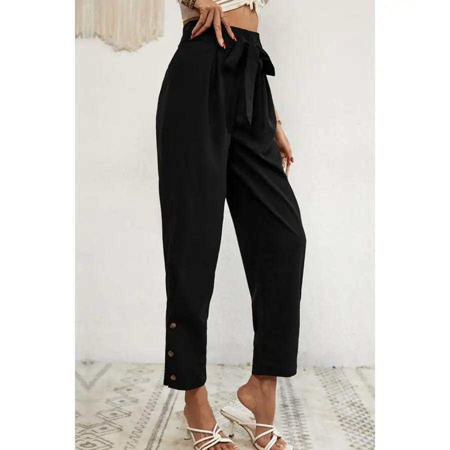Buttoned Tie Waist Cropped Pants