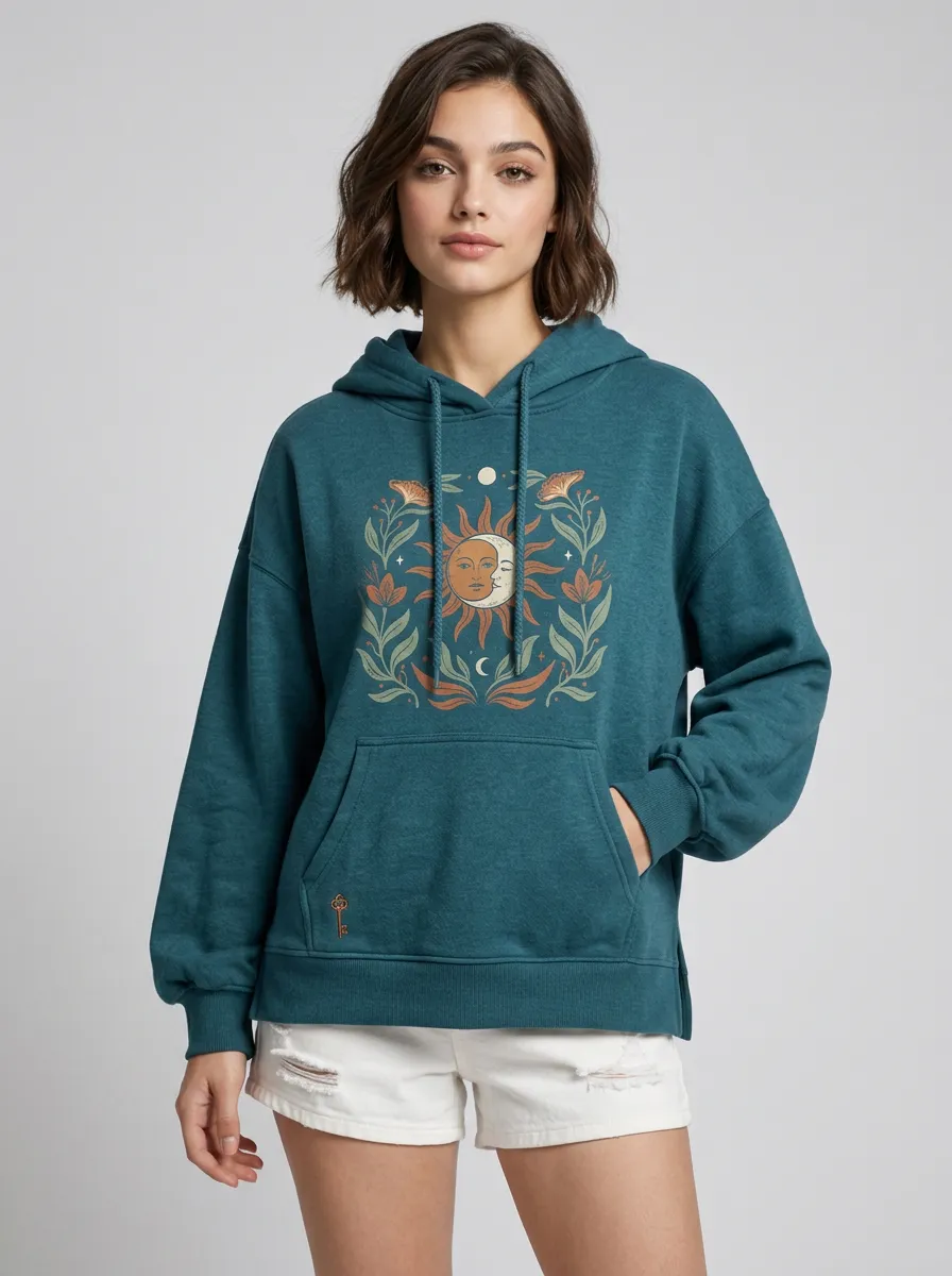 Women's Celestial Boho Sun Moon Floral Printed Hoodie