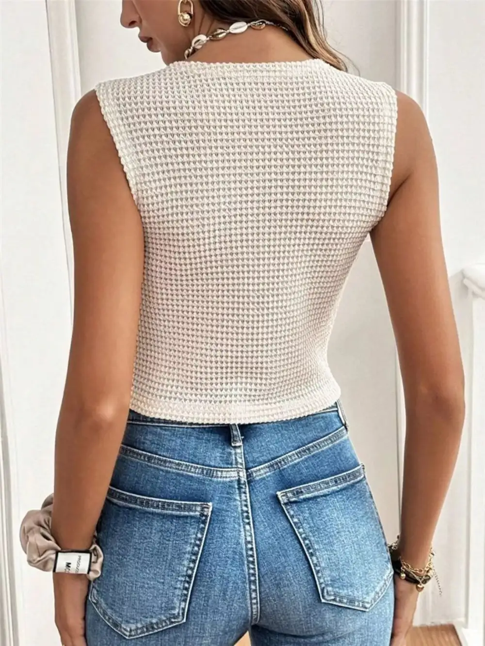 Textured Button-Front Sleeveless Vest Top