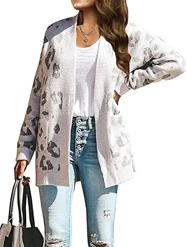 Women's Long Sleeves Open Front Leopard Print Knitted Sweater Cardigan Coat Outwear