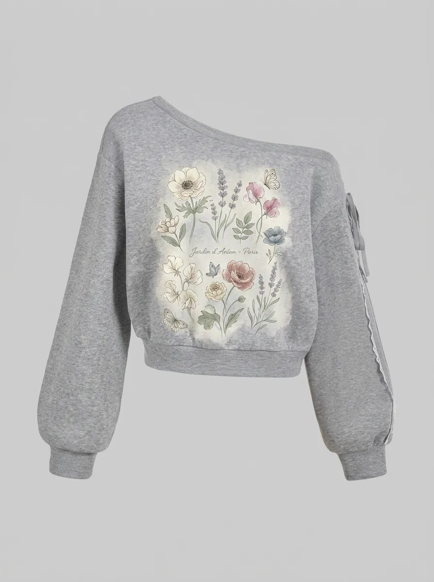 Women's Paris Botanical Garden Butterfly Printed Off-shoulder Sweatshirt