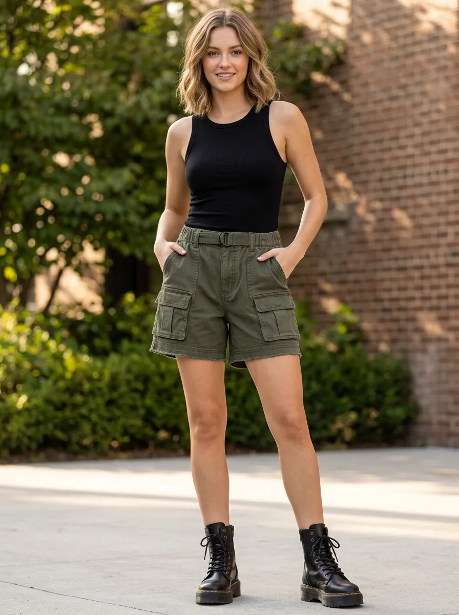 Women's Utility High-Rise Raw-Hem Belted Cargo Shorts