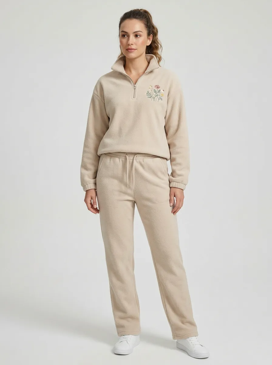 Women's Floral Embroidered Quarter-Zip Fleece Set