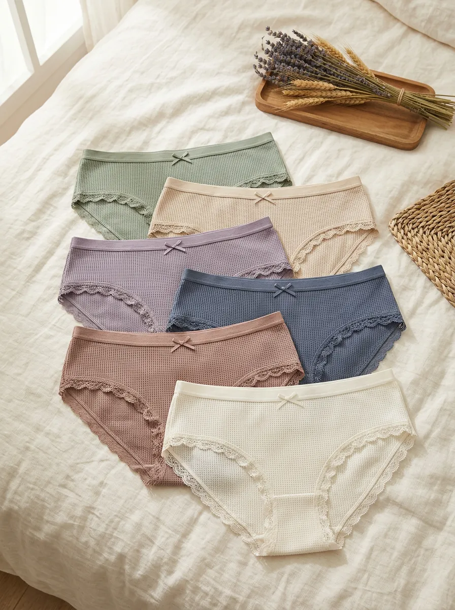 Women's Waffle Knit Lace Trim Bow Detail 6-Piece Panty Set