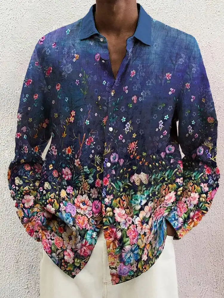 Open Collar Cotton Linen Printed Shirt