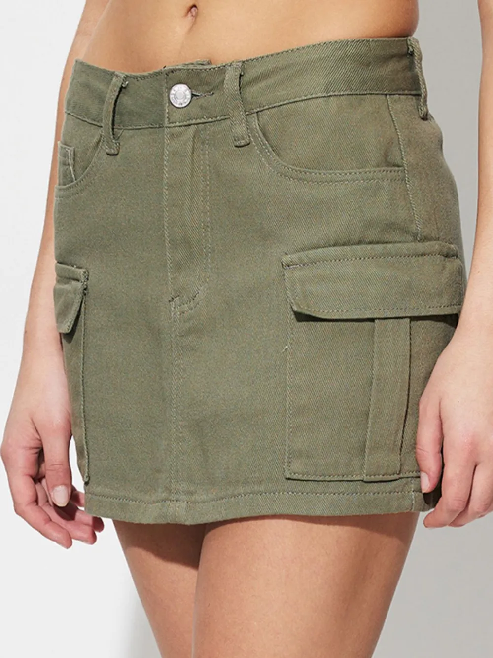 Polished Button Front Denim Detail Skirt