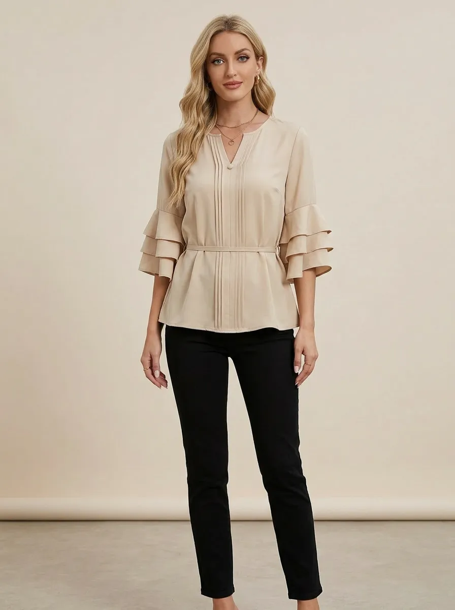 Pleated Ruffle Sleeve Blouse