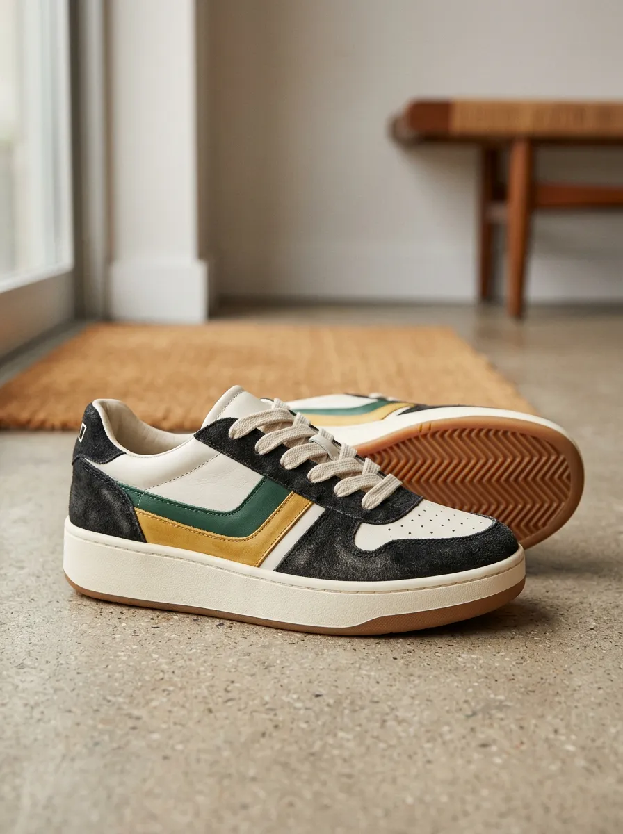 Women's Retro Colorblock Green Yellow Suede Printed Sneakers