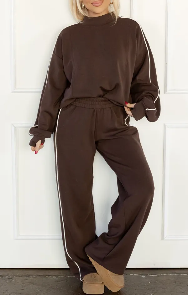 Women's Sporty Piping Trim Mock Neck Pullover Relaxed Two Piece Pant Set