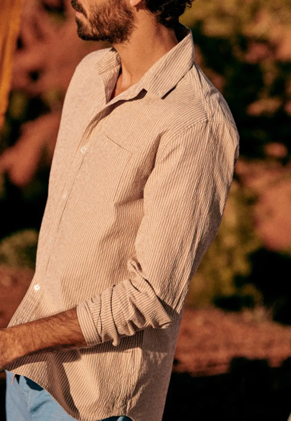 Ecru Ochre Seersucker Stripe Long Sleeve Shirt