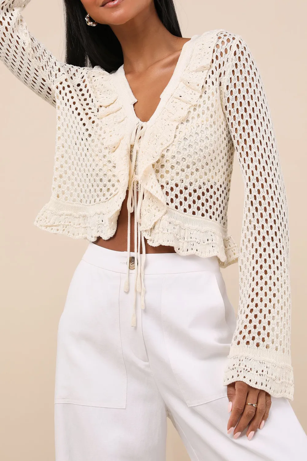Cotton Knit Tie-Front Long Sleeve Top