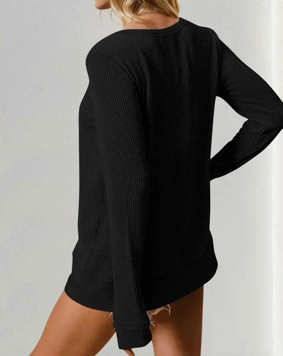 Corded Rib Thumbhole Cuff Round Neck T-Shirt