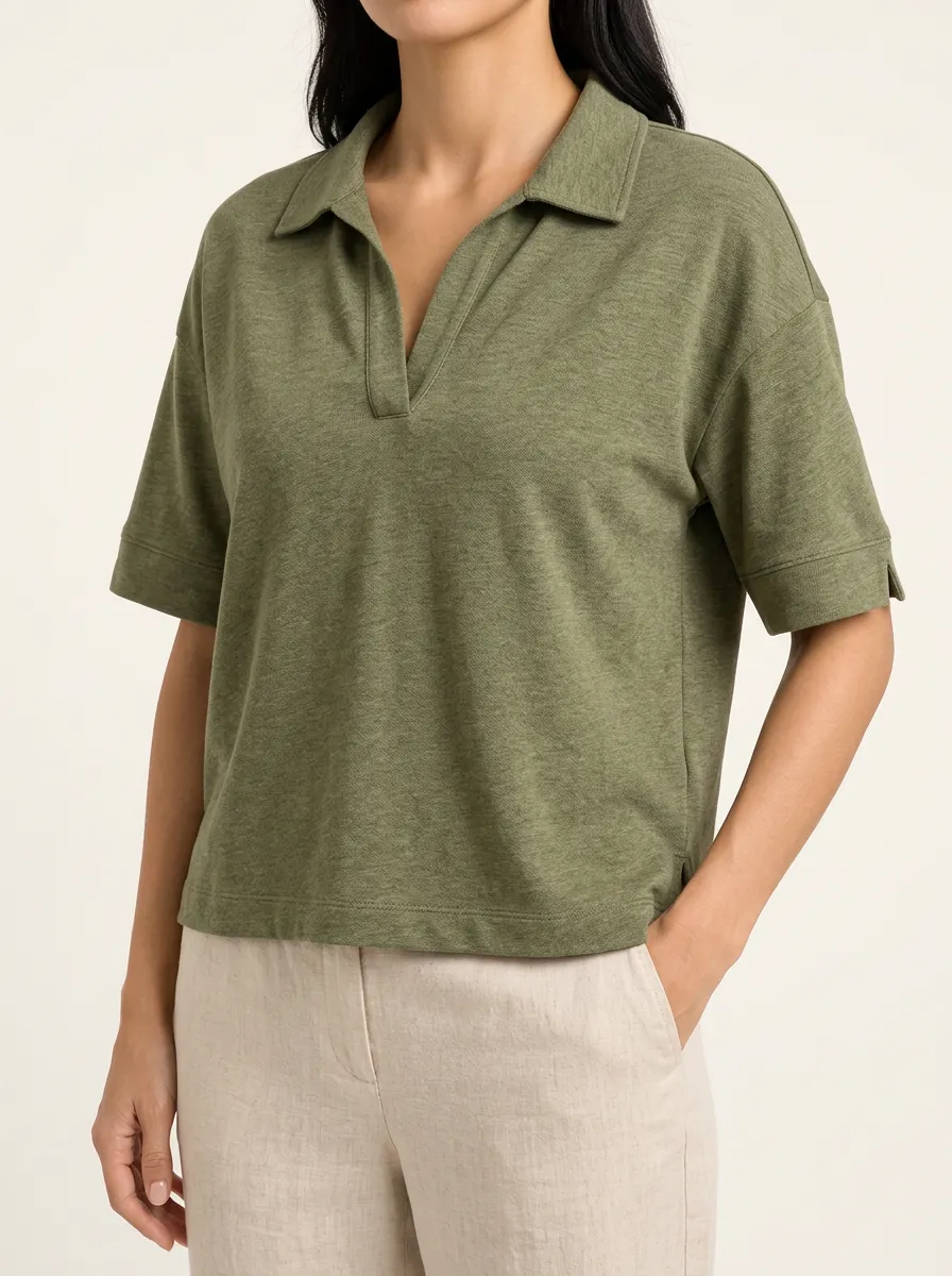 Women's Olive Green Open Neck Polo with Short Sleeves