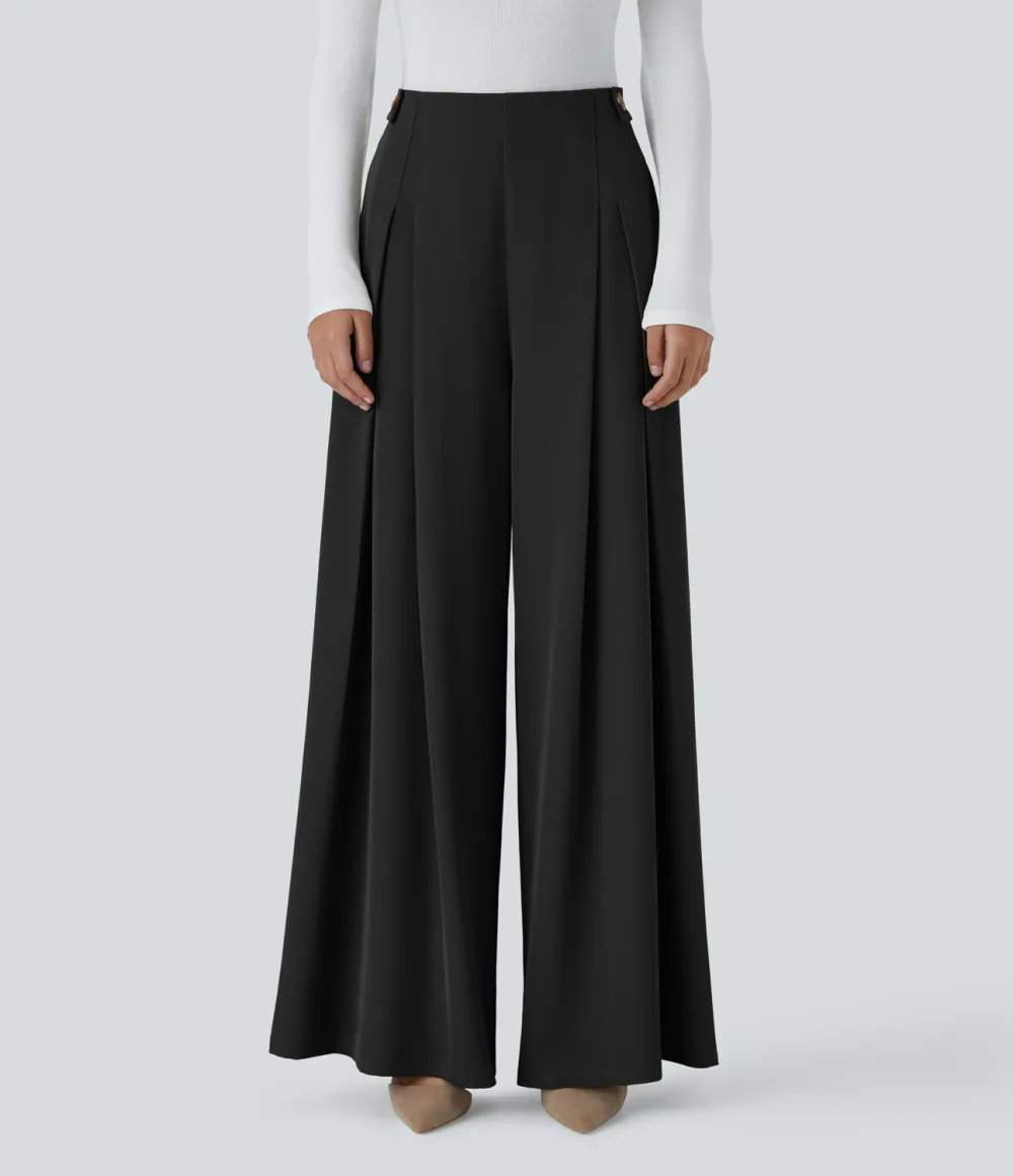 High Waisted Decorative Button Plicated Side Pocket Wide Leg Work Pants