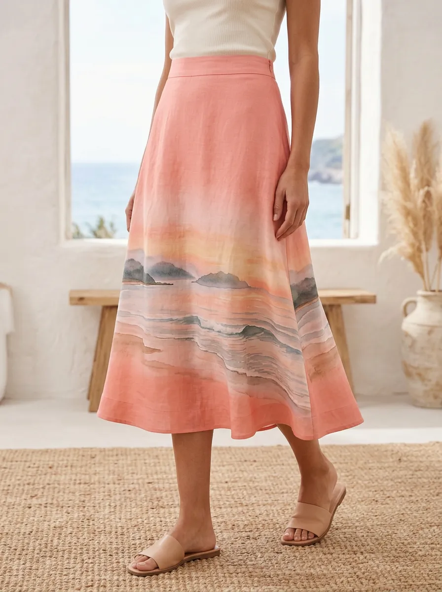 Women's Coral Sunset Print A-Line Midi Skirt