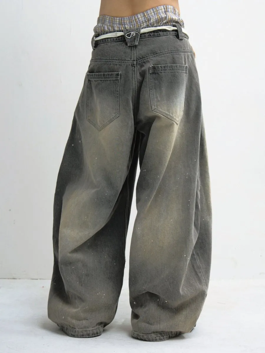 Wide-Leg Washed Drawstring Jeans