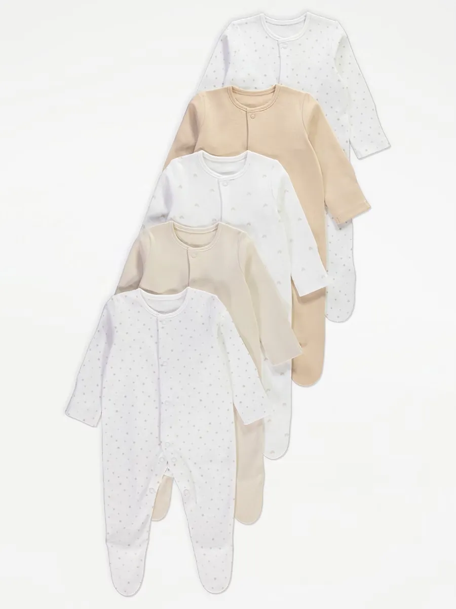 Neutral Long Sleeve Sleepsuits 5 Pack