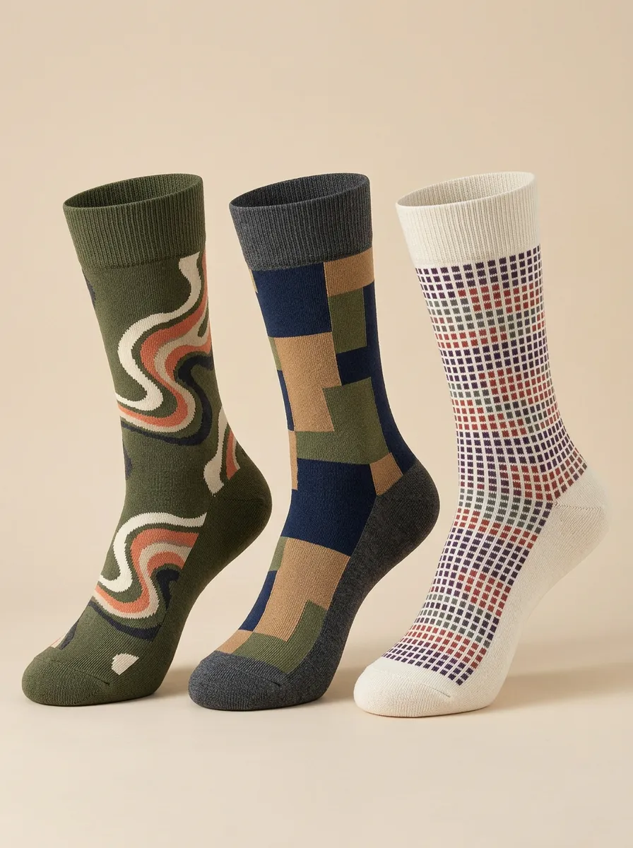 Men's Geometric Abstract Pattern Printed Three-Pack Socks — Modern Casual Edit