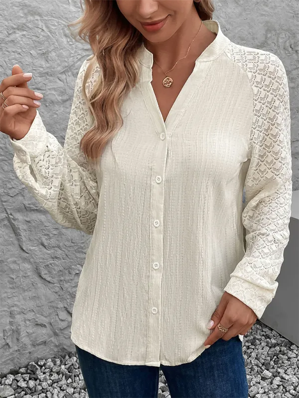 V-Neck Stand-Collar Long-Sleeve Pocketed Casual Shirt