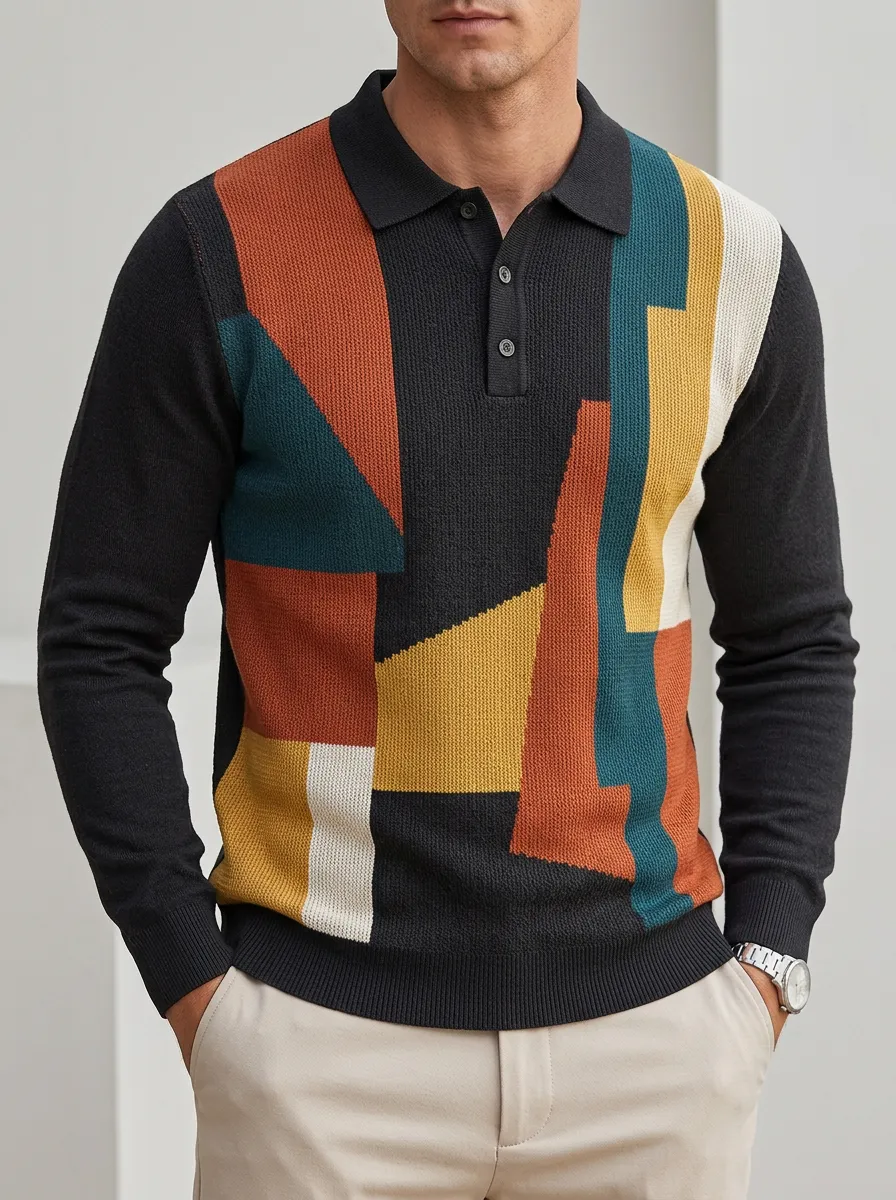 Men's Abstract Geometric Pattern Colorblock Knitted Long Sleeve Polo Shirt