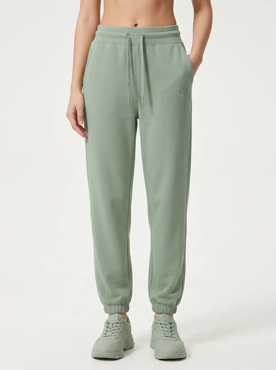 Women's Minimalist Floral Sage Green Embroidered Printed Joggers