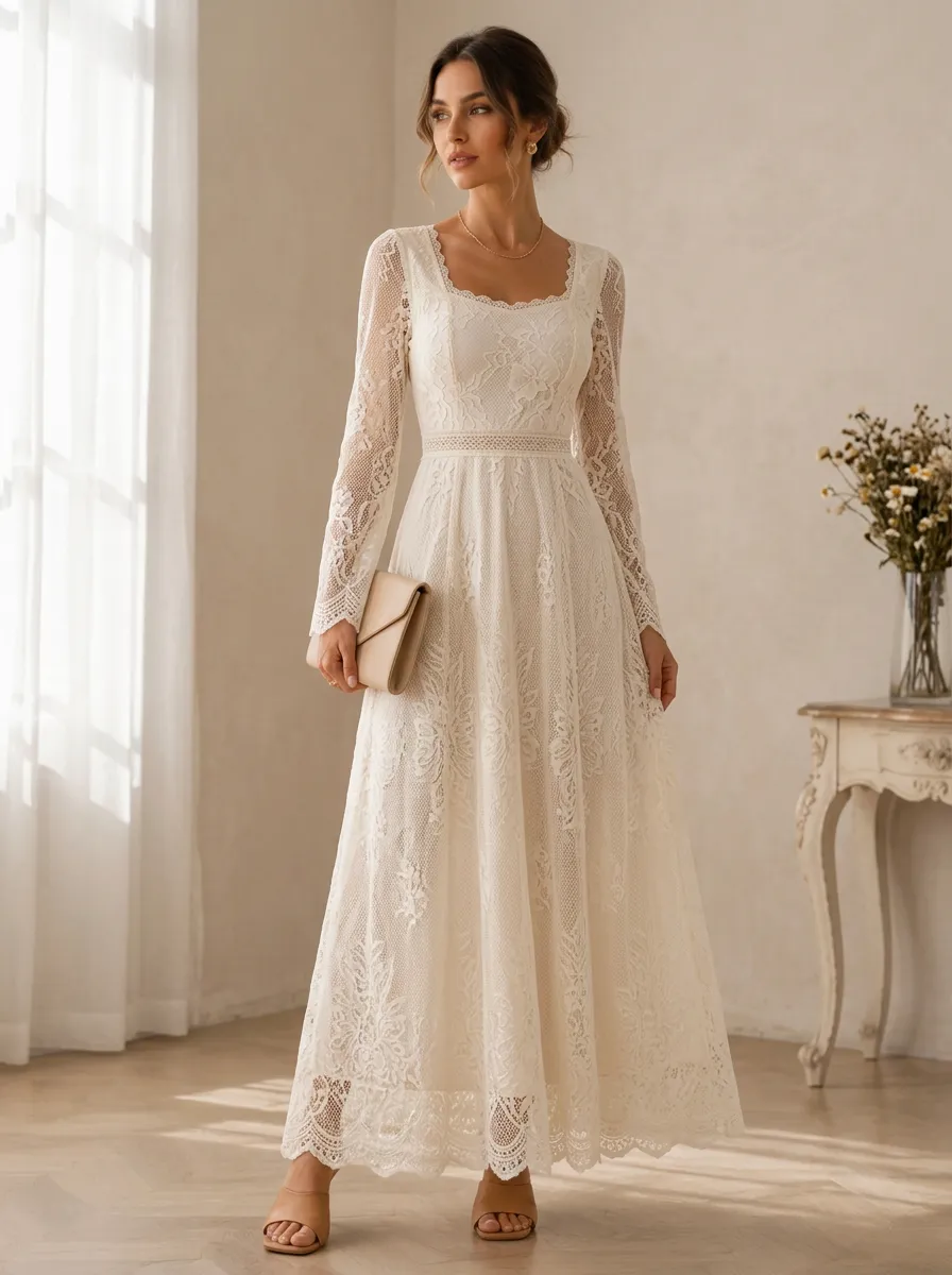 Women's Vintage Elegant Floral Lace Long Sleeve Maxi Dress