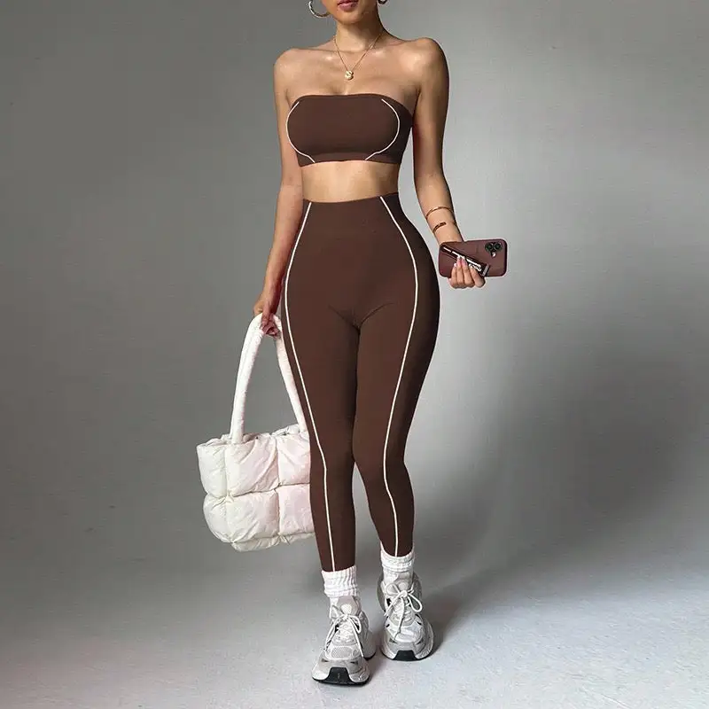 Strapless Bandeau Crop Top and High-Waisted Leggings Activewear Set