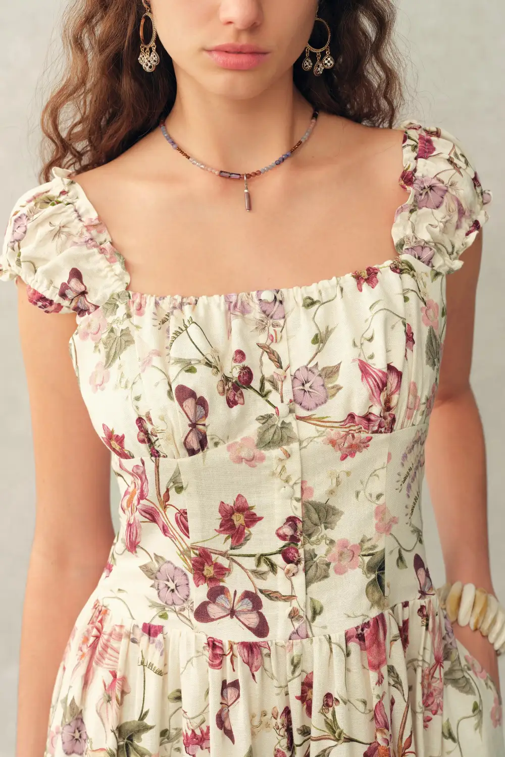 Strap Smocked Printed Floral Linen Blend Dress