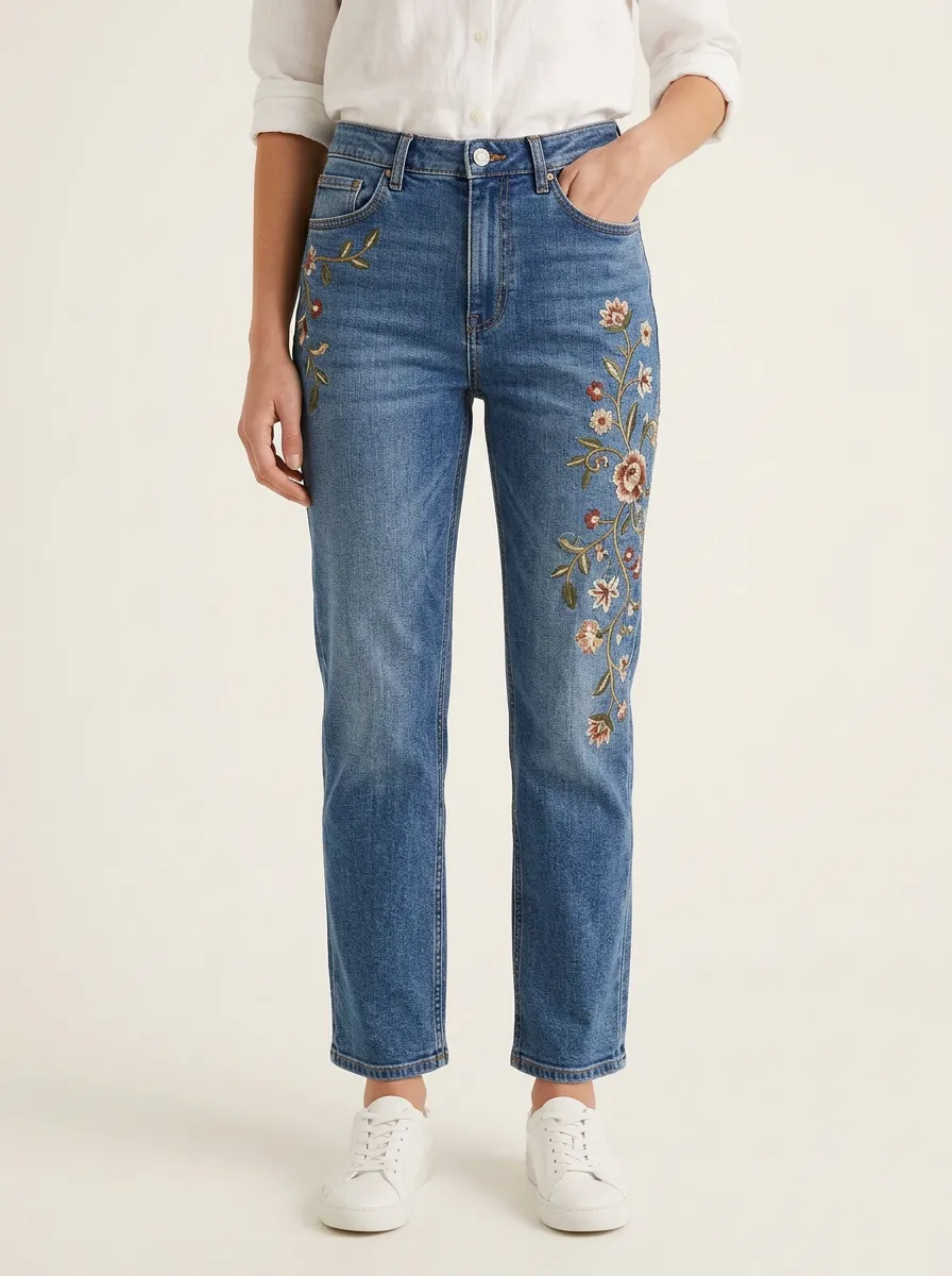 Women's Mid-Blue Floral Embroidered High-Rise Five-Pocket Straight Leg Jeans