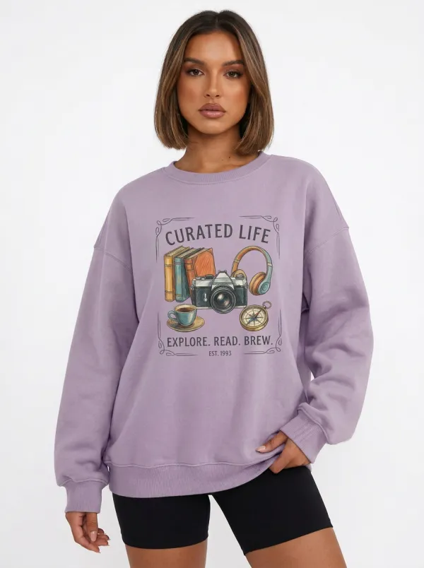 Women's Travel Reader Coffee Camera Graphic Sweatshirt