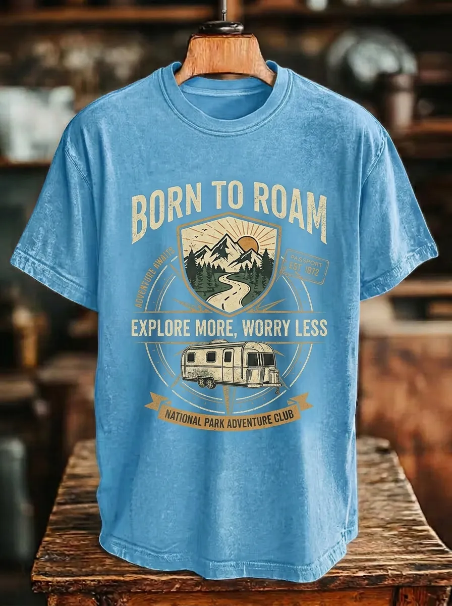 Unisex Camping Lover Born To Roam Mountain Camper Printed T-shirt