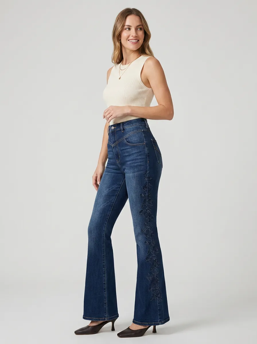 Women's Floral Embroidered Side Print High Rise Flare Jeans