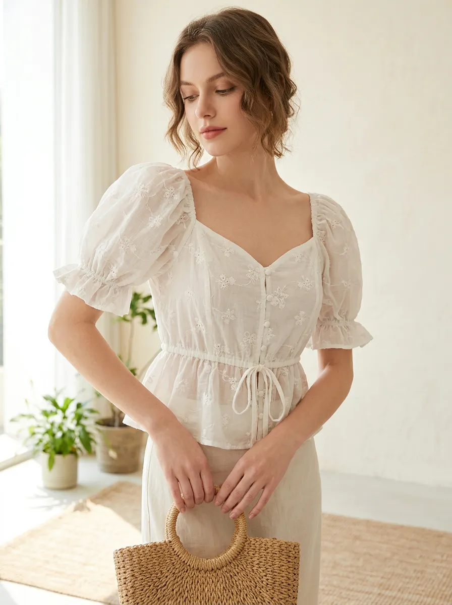 Embroidered Peplum Button-Front Women's Puff-Sleeve Blouse