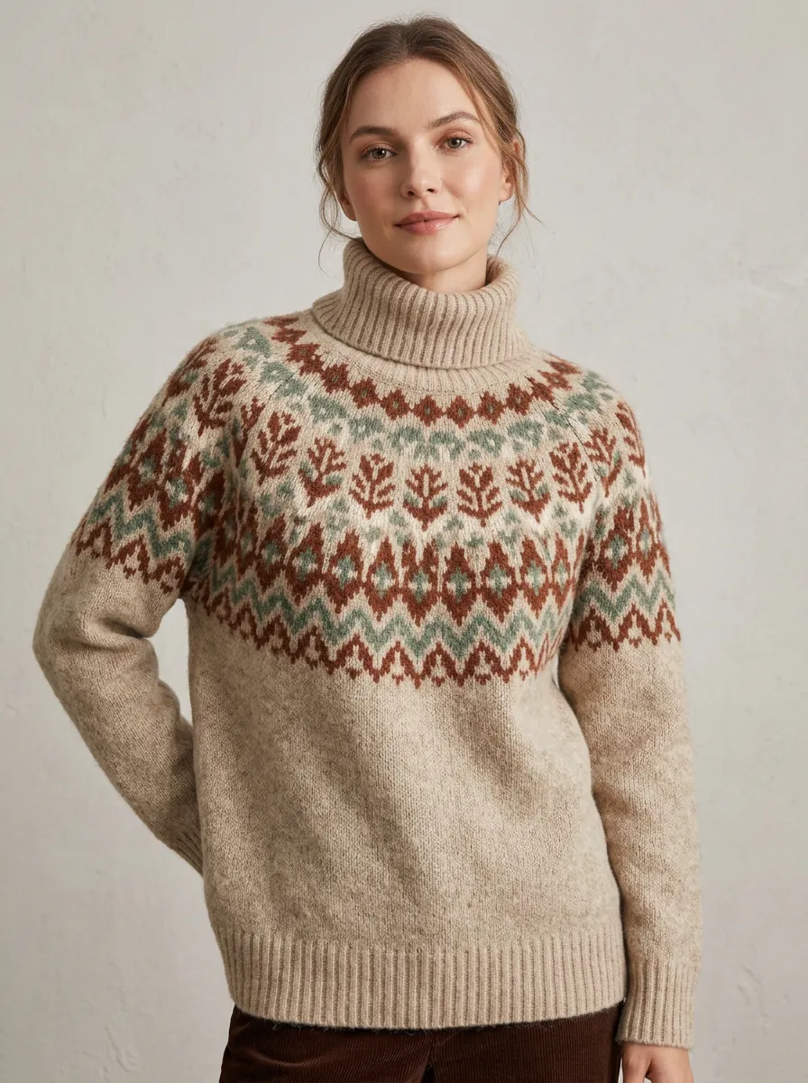 Women's Nordic Style Geometric Floral Printed Turtleneck Sweater