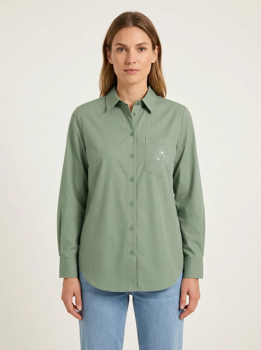 Women's Botanical-Embroidered Curved-Hem Point-Collar Shirt