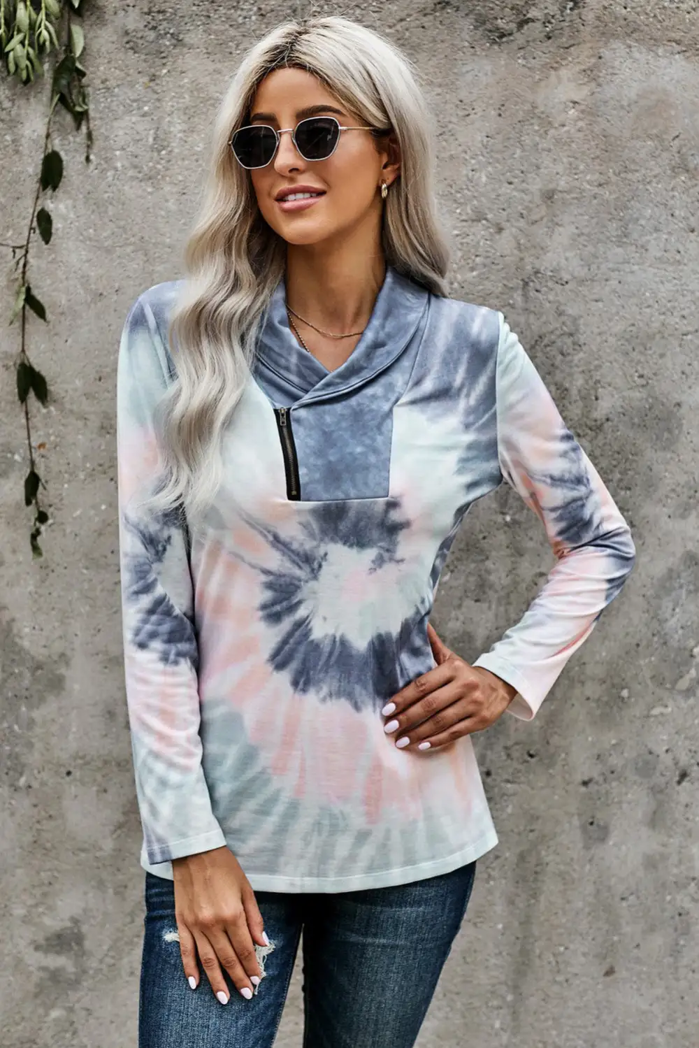 Tie Dye Print Zipper Top