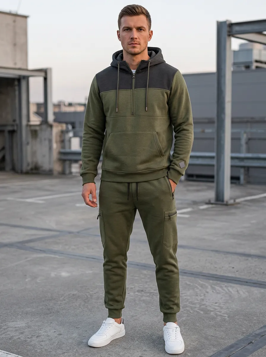 Men's Classic Quarter-Zip Colorblock Sport Inspired Hoodie and Jogger Set