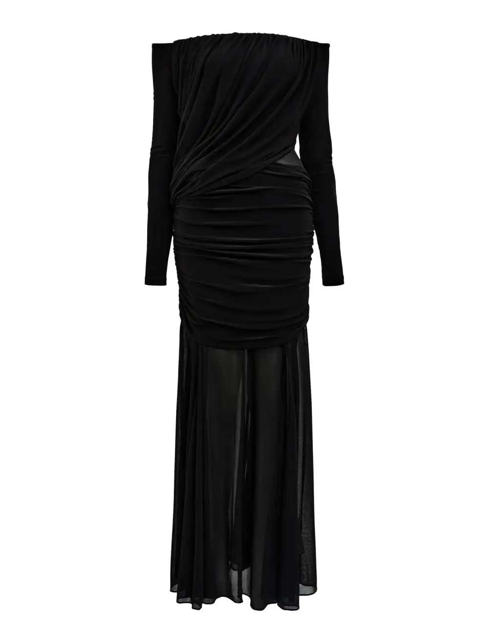 Black Off-the-Shoulder Draped Mesh Maxi Dress