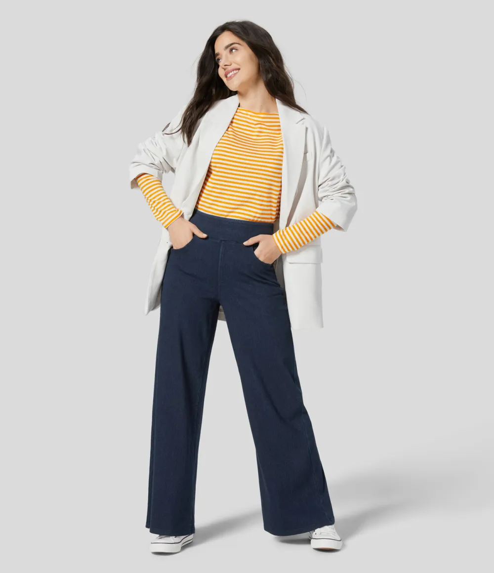 Magic High Waisted Multiple Pockets Wide Leg Stretchy Knit Casual Thermal Jeans